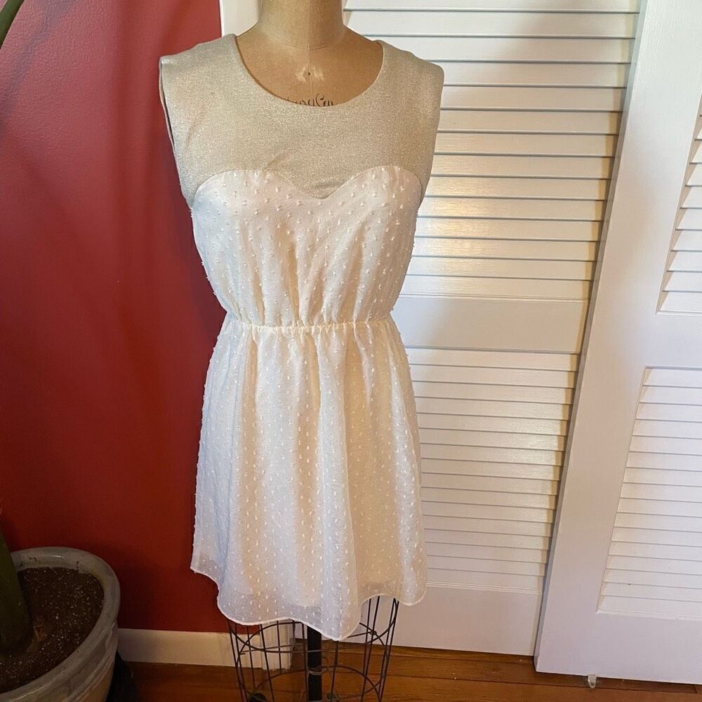 NEEDLE & THREAD | gold sparkly cream color mini dress S